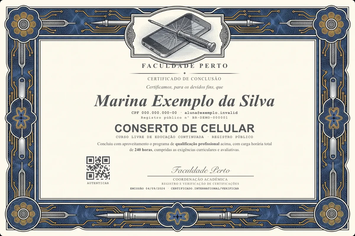 Modelo do certificado do curso de Conserto de Celular grátis: registro público, QR de verificação e assinaturas — exemplo com dados fictícios.