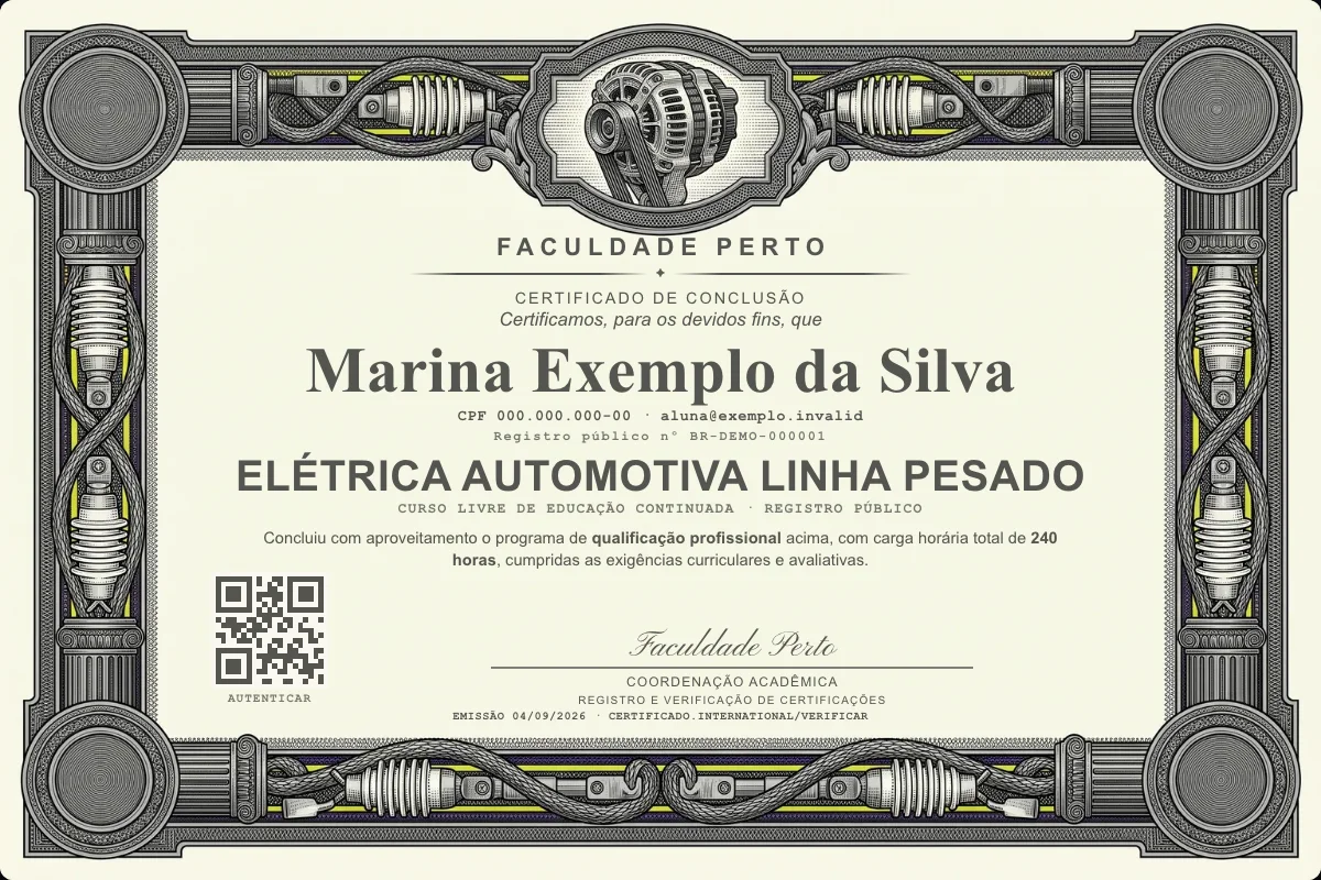 Modelo do certificado do curso de Elétrica Automotiva Linha Pesado grátis: registro público, QR de verificação e assinaturas — exemplo com dados fictícios.