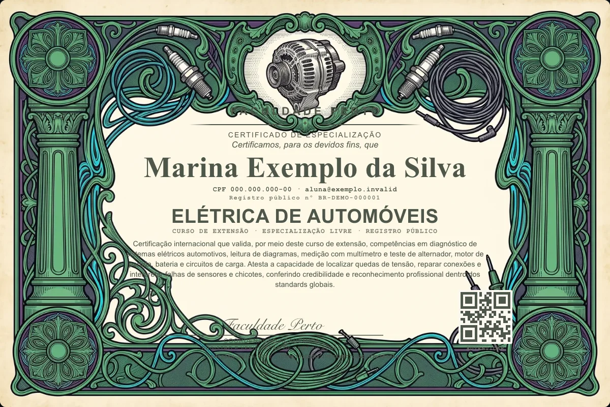 Modelo do certificado do curso de Elétrica de Automóveis grátis: registro público, QR de verificação e assinaturas — exemplo com dados fictícios.