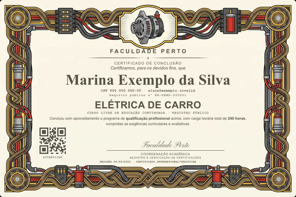 Modelo do certificado do curso de Elétrica de Carro grátis: registro público, QR de verificação e assinaturas — exemplo com dados fictícios.