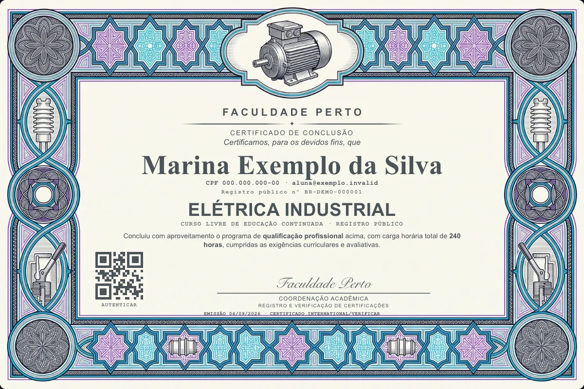 Modelo do certificado do curso de Elétrica Industrial grátis: registro público, QR de verificação e assinaturas — exemplo com dados fictícios.