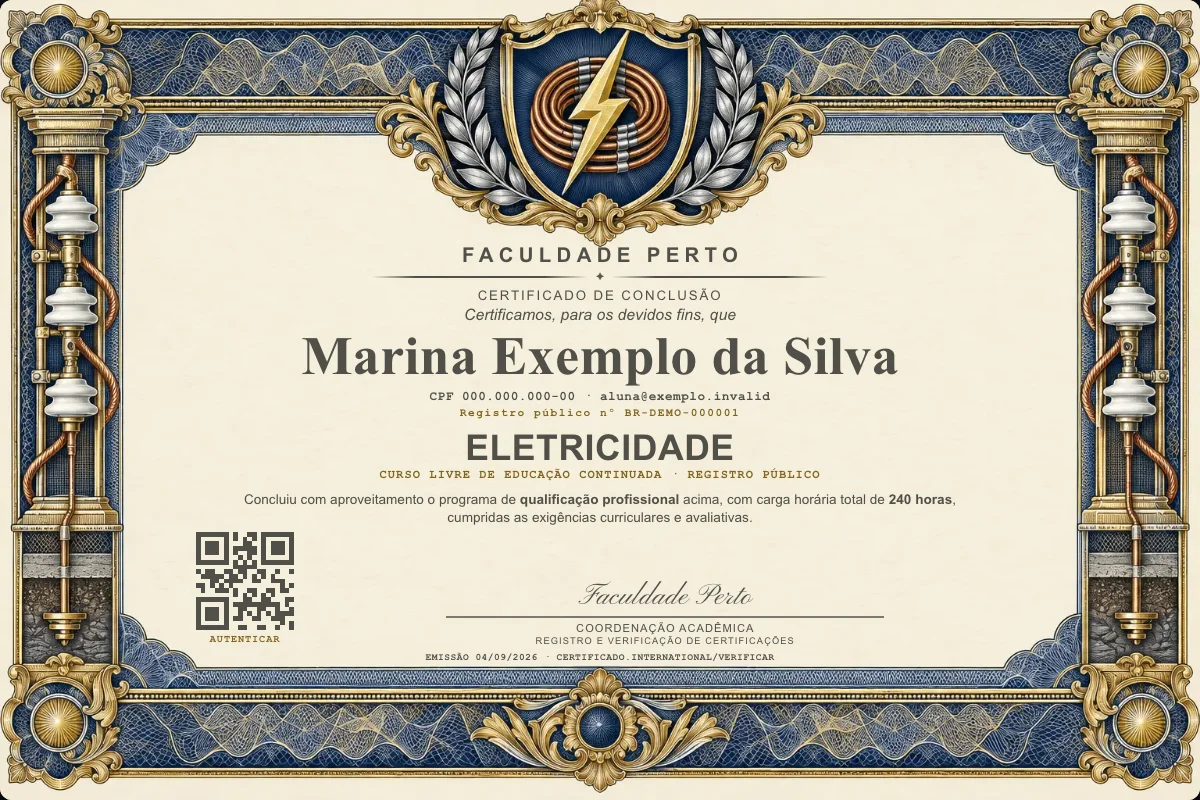 Modelo do certificado do curso de Eletricidade grátis: registro público, QR de verificação e assinaturas — exemplo com dados fictícios.