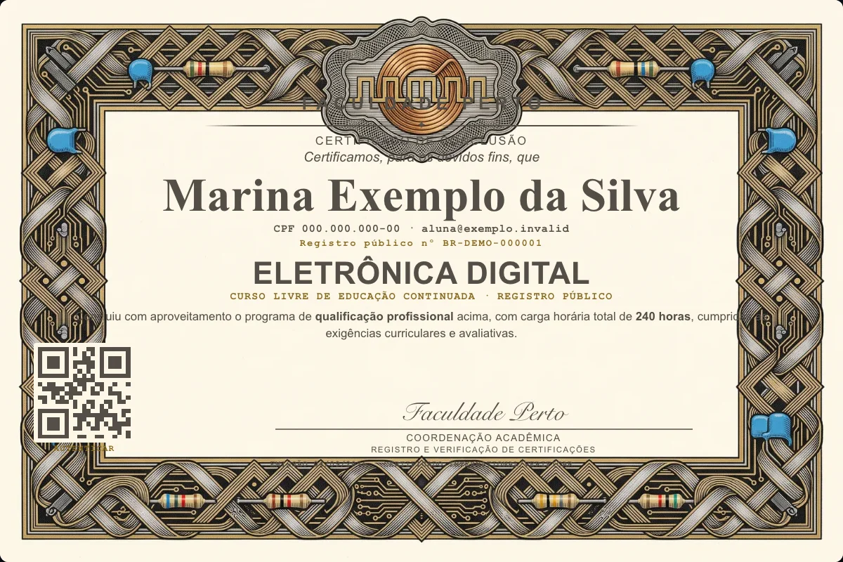 Modelo do certificado do curso de Eletrônica Digital grátis: registro público, QR de verificação e assinaturas — exemplo com dados fictícios.