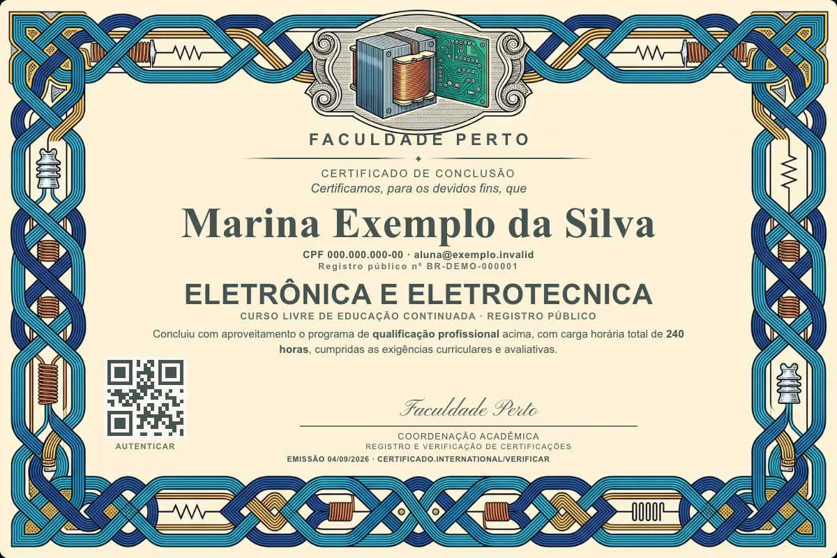 Modelo do certificado do curso de Eletrônica e Eletrotecnica grátis: registro público, QR de verificação e assinaturas — exemplo com dados fictícios.
