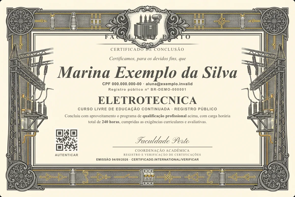 Modelo do certificado do curso de Eletrotecnica grátis: registro público, QR de verificação e assinaturas — exemplo com dados fictícios.