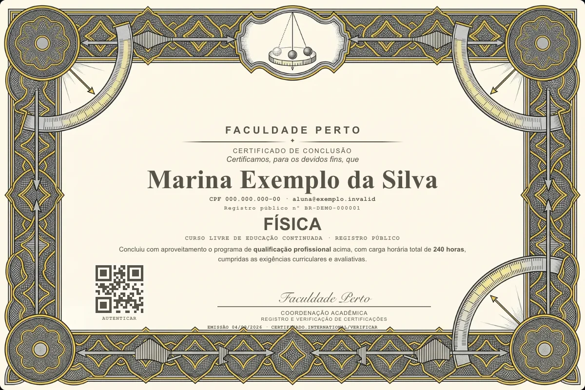 Modelo do certificado do curso de Física grátis: registro público, QR de verificação e assinaturas — exemplo com dados fictícios.