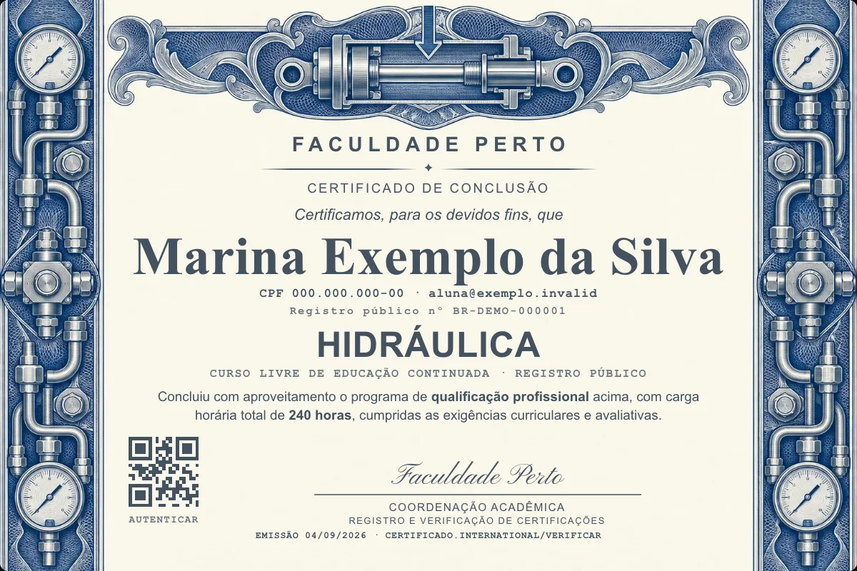Modelo do certificado do curso de Hidráulica grátis: registro público, QR de verificação e assinaturas — exemplo com dados fictícios.