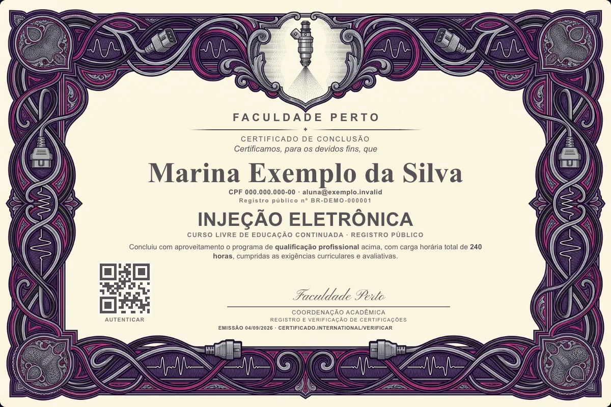 Modelo do certificado do curso de Injeção Eletrônica grátis: registro público, QR de verificação e assinaturas — exemplo com dados fictícios.