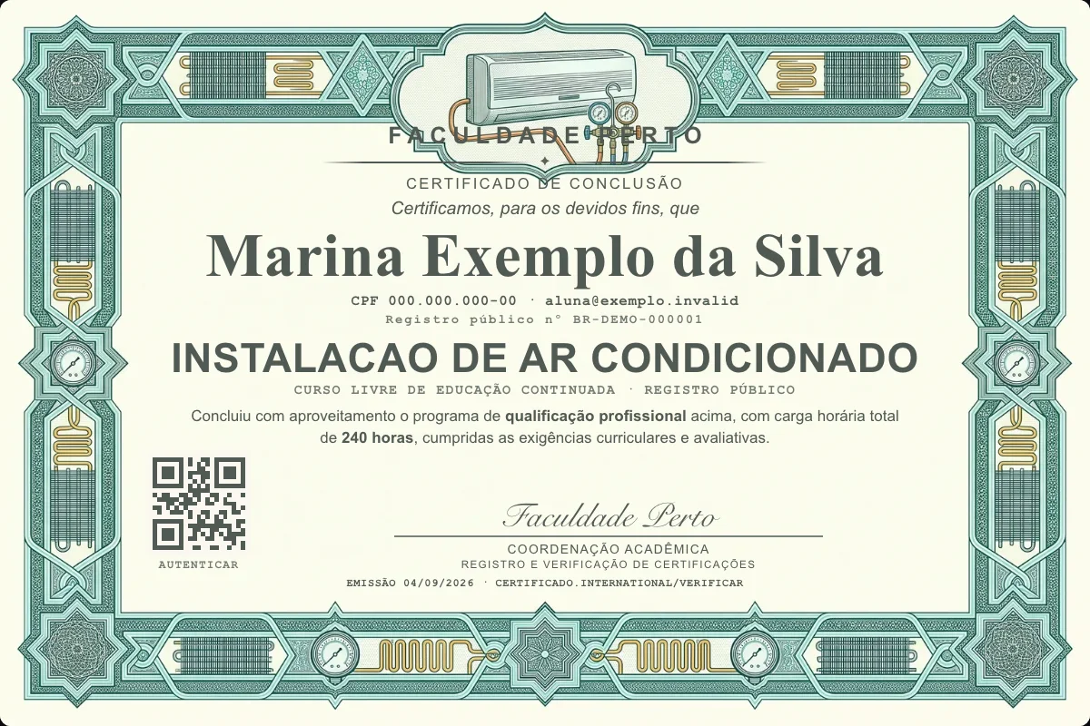 Modelo do certificado do curso de Instalacao de Ar Condicionado grátis: registro público, QR de verificação e assinaturas — exemplo com dados fictícios.