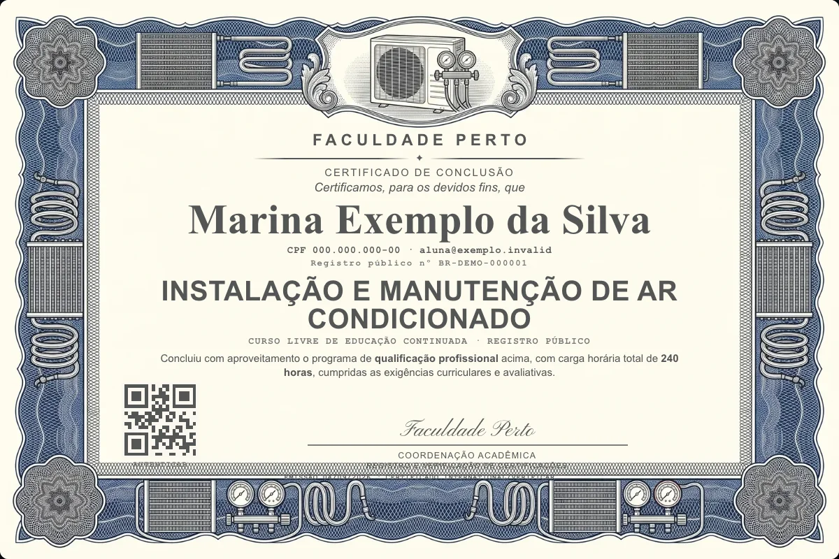Modelo do certificado do curso de Instalação e Manutenção de Ar Condicionado grátis: registro público, QR de verificação e assinaturas — exemplo com dados fictícios.