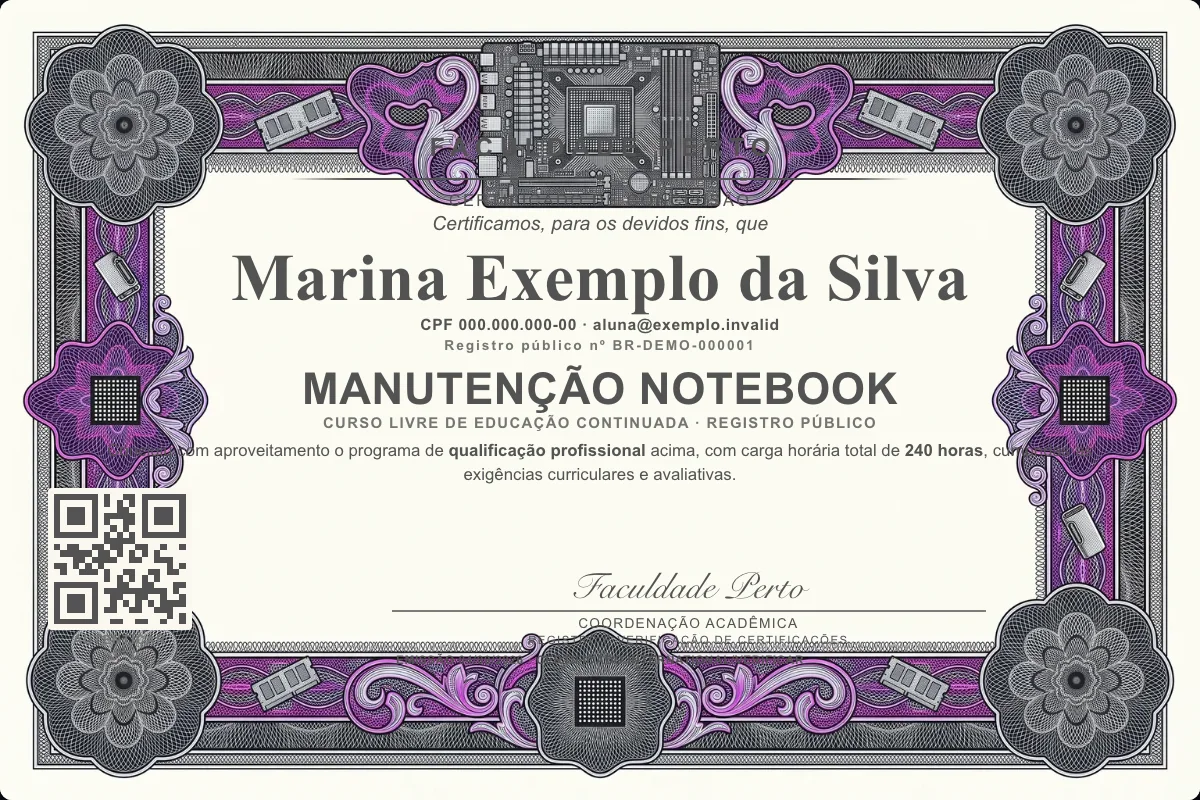 Modelo do certificado do curso de Manutenção Notebook grátis: registro público, QR de verificação e assinaturas — exemplo com dados fictícios.