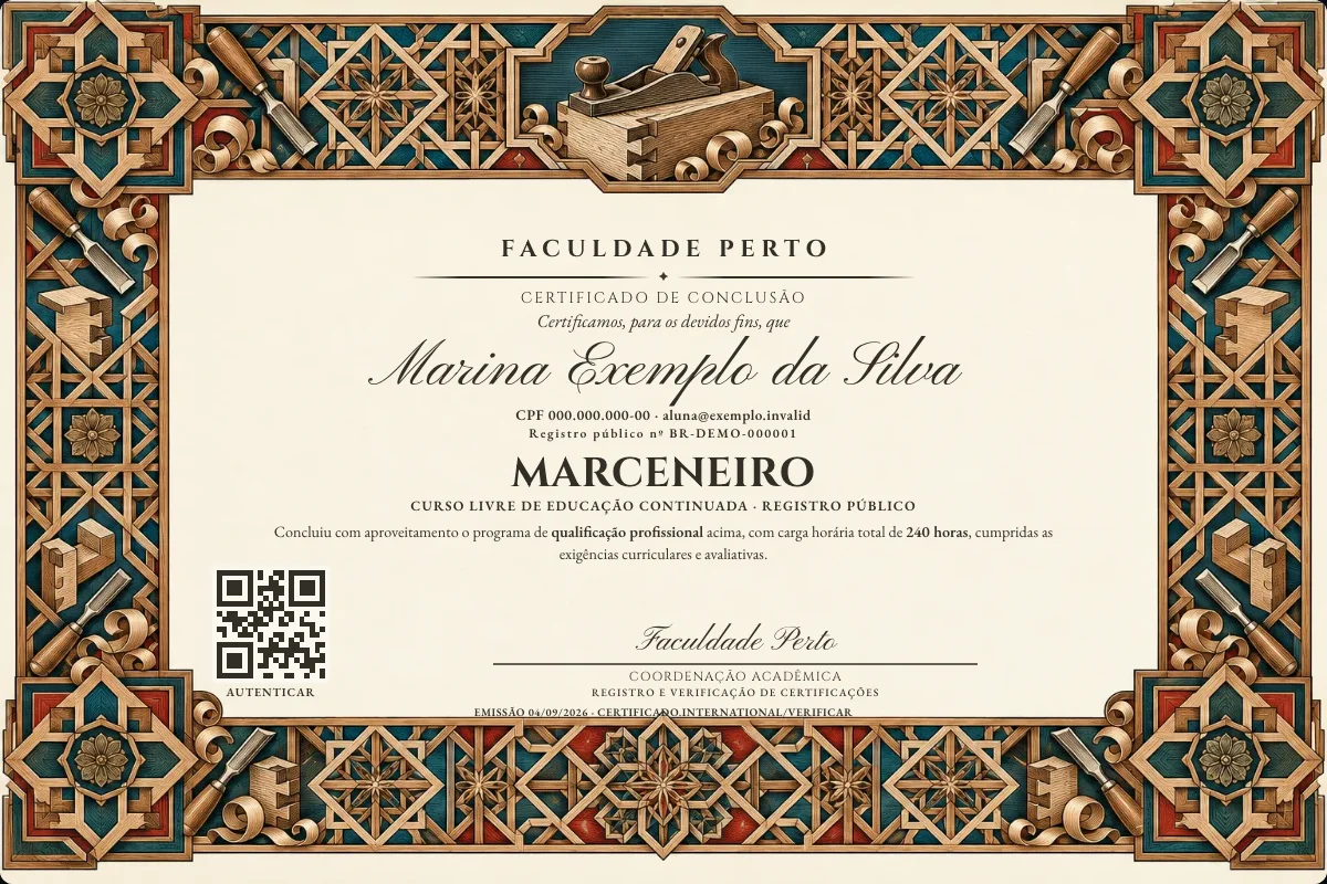 Modelo do certificado do curso de Marceneiro grátis: registro público, QR de verificação e assinaturas — exemplo com dados fictícios.