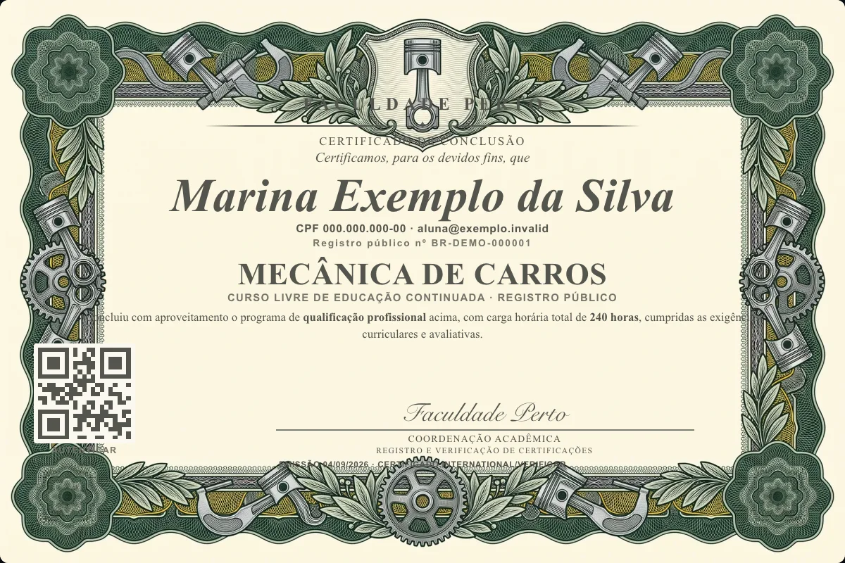 Modelo do certificado do curso de Mecânica de Carros grátis: registro público, QR de verificação e assinaturas — exemplo com dados fictícios.