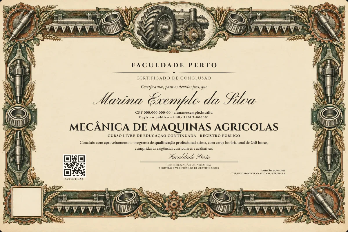 Modelo do certificado do curso de Mecânica de Maquinas Agricolas grátis: registro público, QR de verificação e assinaturas — exemplo com dados fictícios.