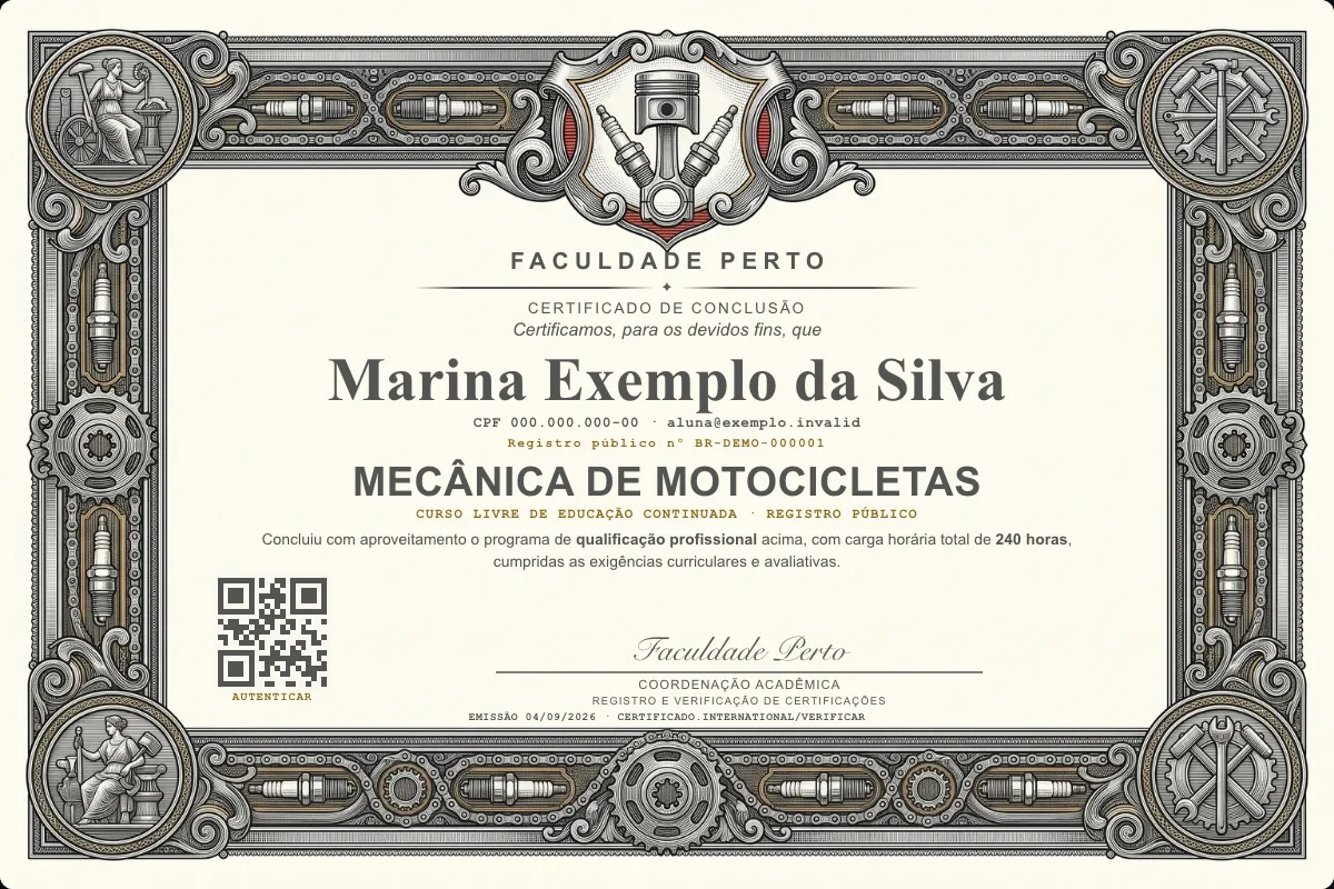 Modelo do certificado do curso de Mecânica de Motocicletas grátis: registro público, QR de verificação e assinaturas — exemplo com dados fictícios.