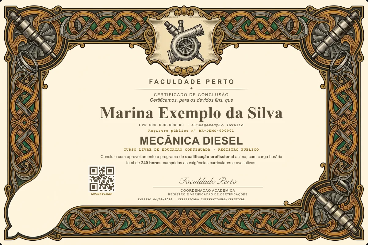 Modelo do certificado do curso de Mecânica Diesel grátis: registro público, QR de verificação e assinaturas — exemplo com dados fictícios.