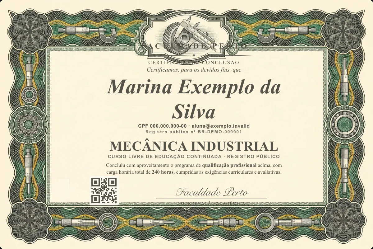 Modelo do certificado do curso de Mecânica Industrial grátis: registro público, QR de verificação e assinaturas — exemplo com dados fictícios.