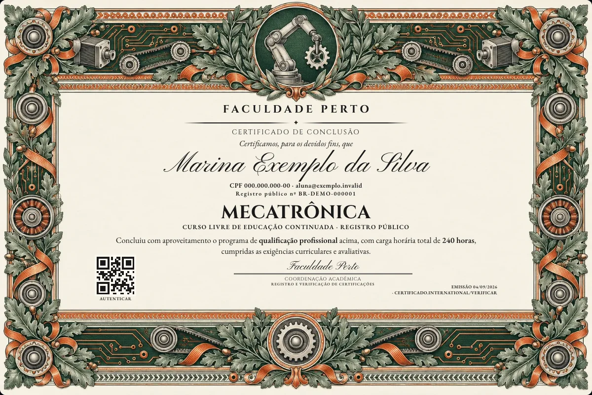 Modelo do certificado do curso de Mecatrônica grátis: registro público, QR de verificação e assinaturas — exemplo com dados fictícios.