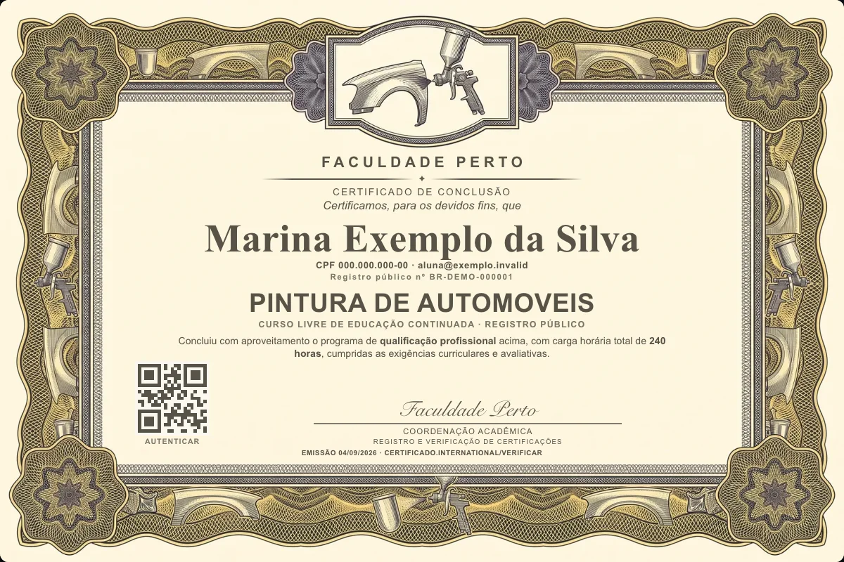 Modelo do certificado do curso de Pintura de Automoveis grátis: registro público, QR de verificação e assinaturas — exemplo com dados fictícios.