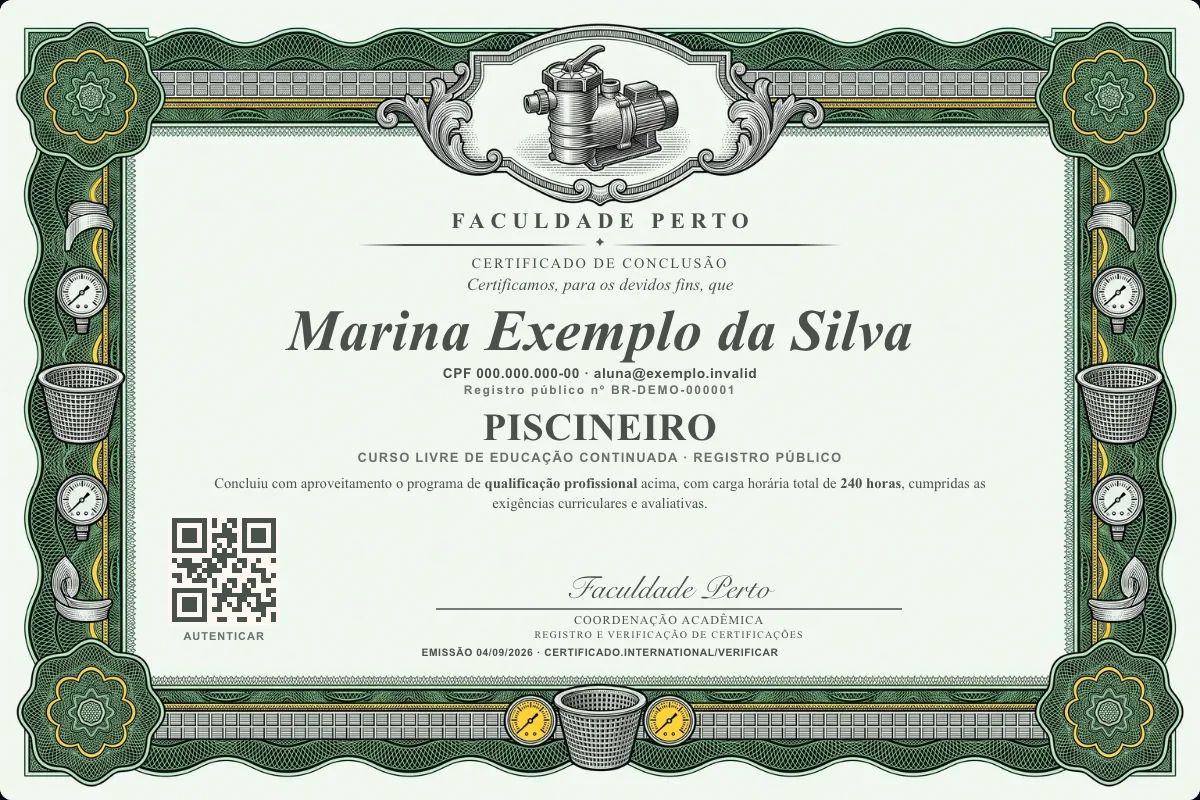 Modelo do certificado do curso de Piscineiro grátis: registro público, QR de verificação e assinaturas — exemplo com dados fictícios.