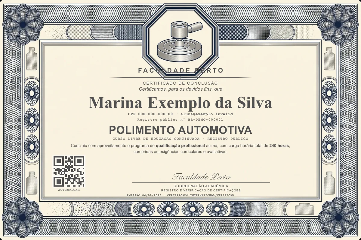 Modelo do certificado do curso de Polimento Automotiva grátis: registro público, QR de verificação e assinaturas — exemplo com dados fictícios.