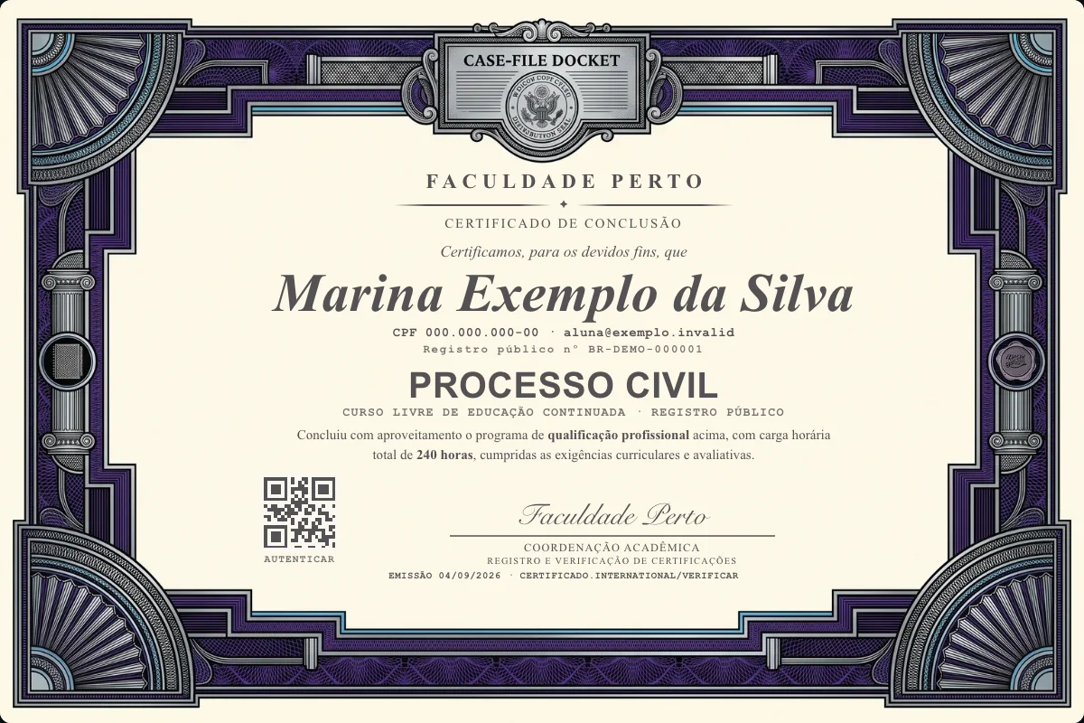 Modelo do certificado do curso de Processo Civil grátis: registro público, QR de verificação e assinaturas — exemplo com dados fictícios.