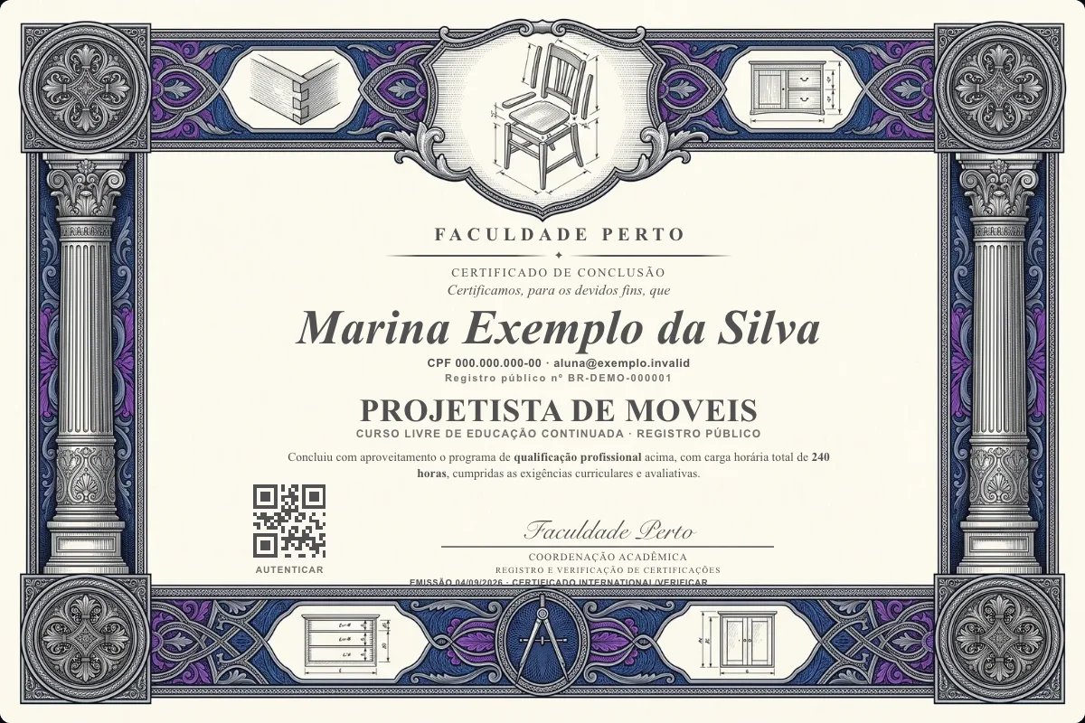 Modelo do certificado do curso de Projetista de Moveis grátis: registro público, QR de verificação e assinaturas — exemplo com dados fictícios.