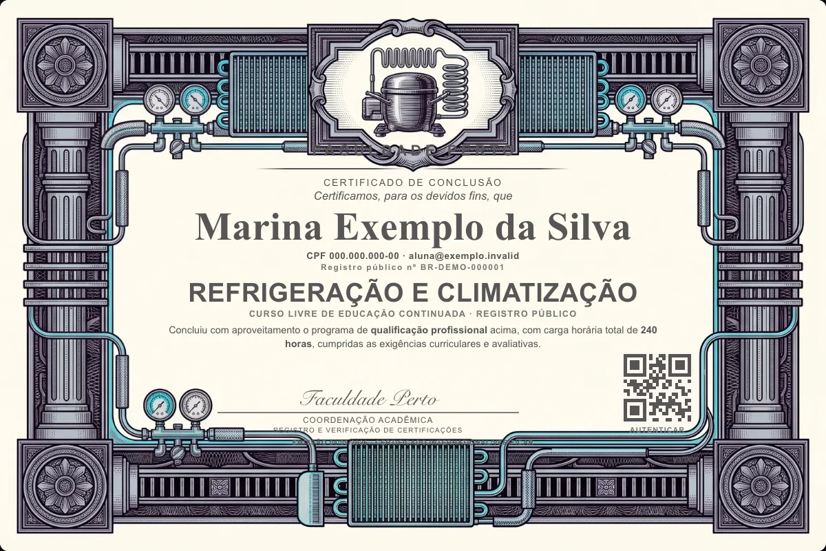 Modelo do certificado do curso de Refrigeração e Climatização grátis: registro público, QR de verificação e assinaturas — exemplo com dados fictícios.