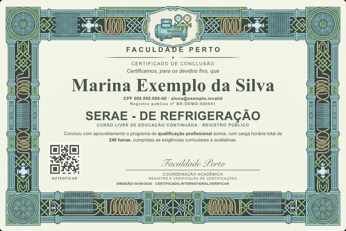 Modelo do certificado do curso de Serae - de Refrigeração grátis: registro público, QR de verificação e assinaturas — exemplo com dados fictícios.