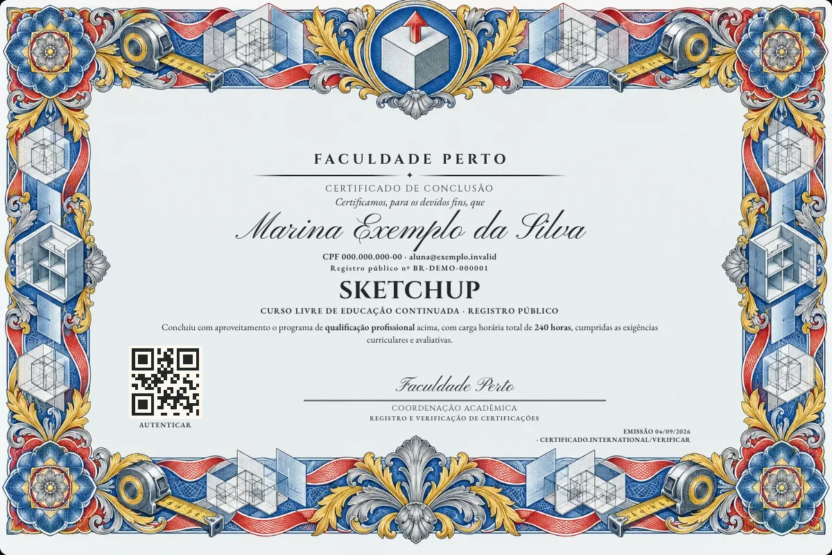 Modelo do certificado do curso de Sketchup grátis: registro público, QR de verificação e assinaturas — exemplo com dados fictícios.