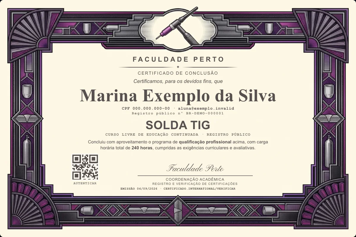 Modelo do certificado do curso de Solda Tig grátis: registro público, QR de verificação e assinaturas — exemplo com dados fictícios.