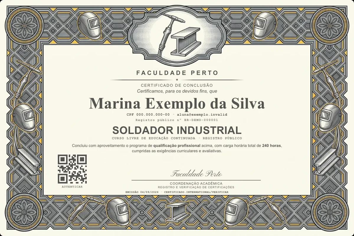 Modelo do certificado do curso de Soldador Industrial grátis: registro público, QR de verificação e assinaturas — exemplo com dados fictícios.