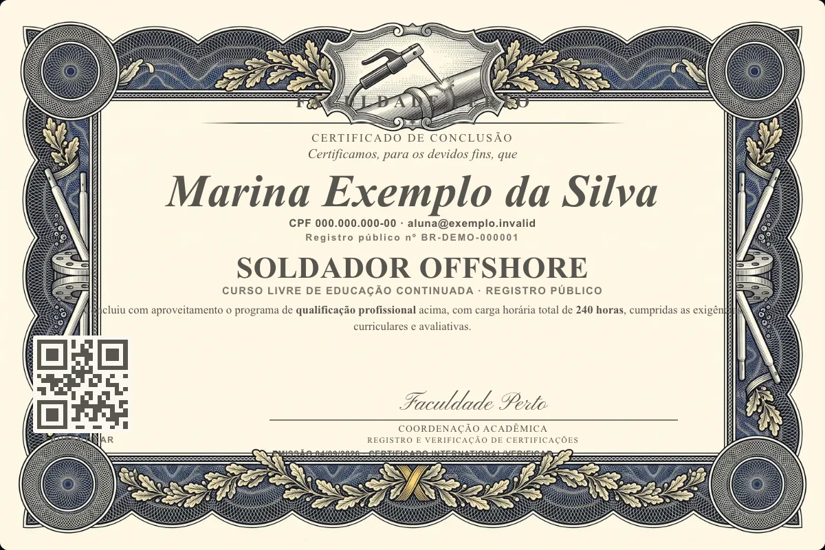 Modelo do certificado do curso de Soldador Offshore grátis: registro público, QR de verificação e assinaturas — exemplo com dados fictícios.
