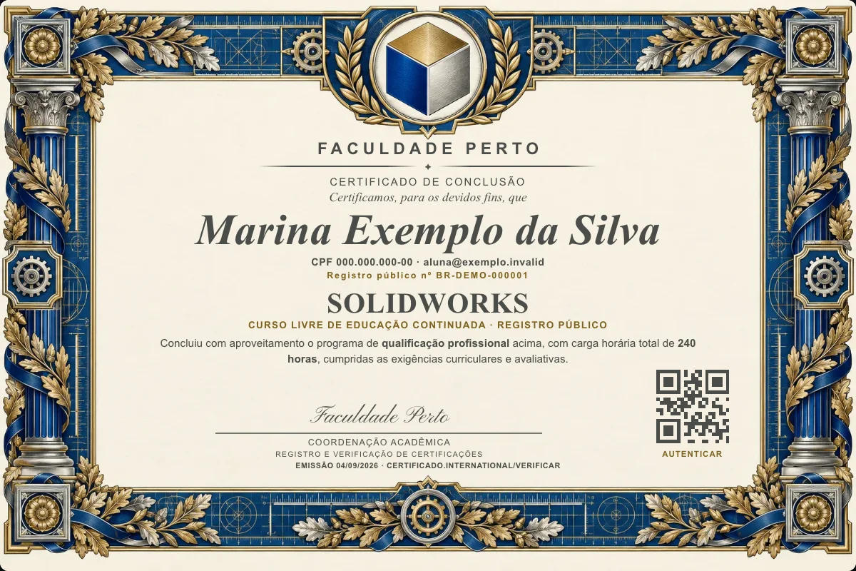 Modelo do certificado do curso de Solidworks grátis: registro público, QR de verificação e assinaturas — exemplo com dados fictícios.