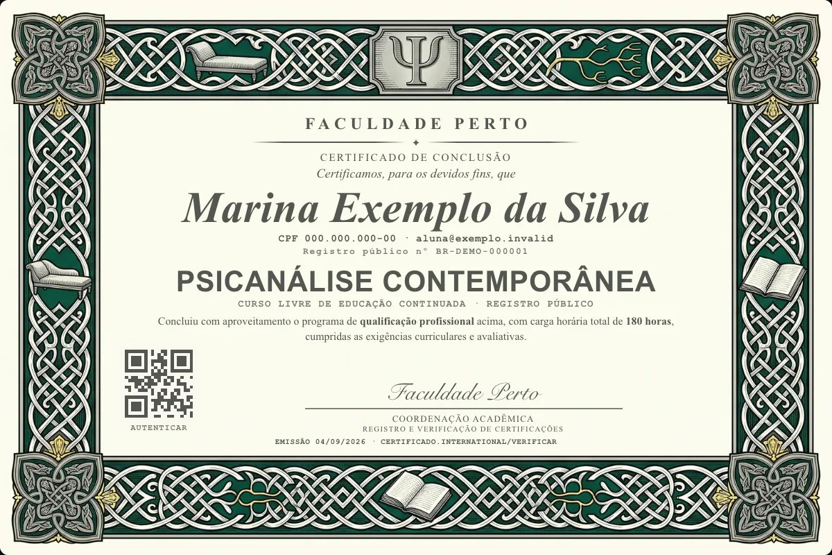 Modelo do certificado do curso de Psicanálise Contemporânea grátis: registro público, QR de verificação e assinaturas — exemplo com dados fictícios.