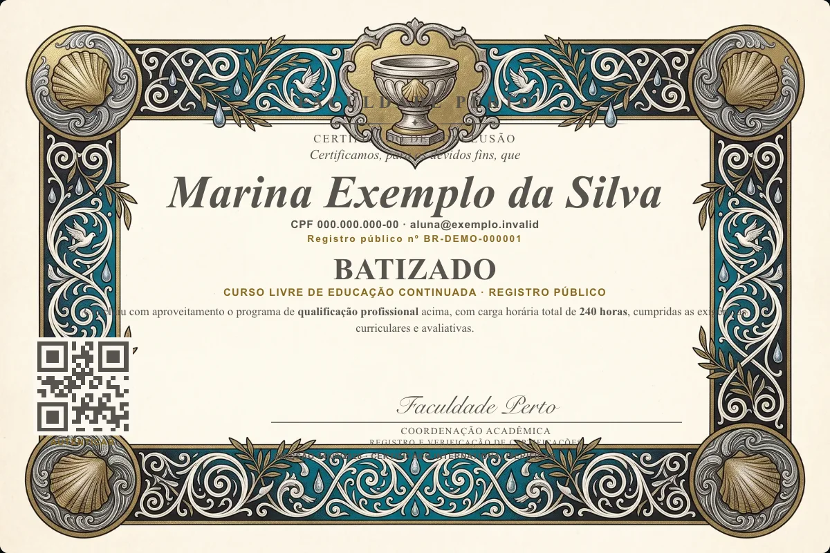 Modelo do certificado do curso de Batizado grátis: registro público, QR de verificação e assinaturas — exemplo com dados fictícios.