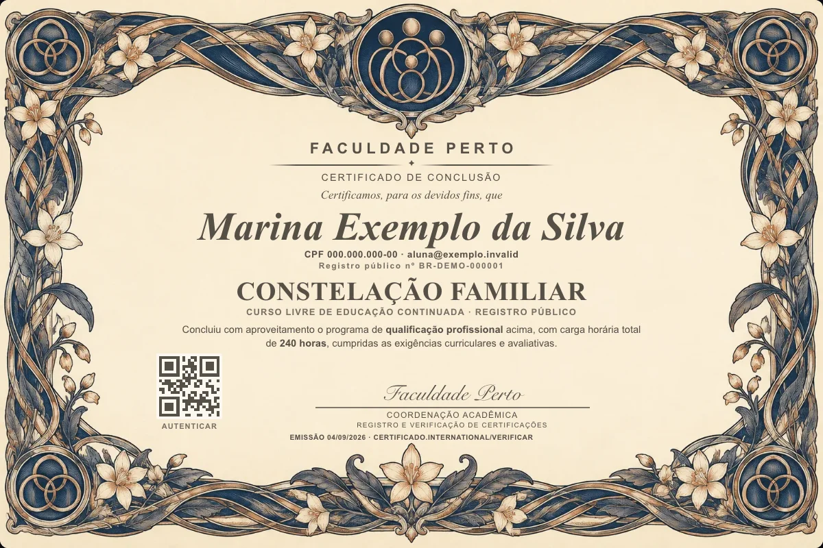 Modelo do certificado do curso de Constelação Familiar grátis: registro público, QR de verificação e assinaturas — exemplo com dados fictícios.