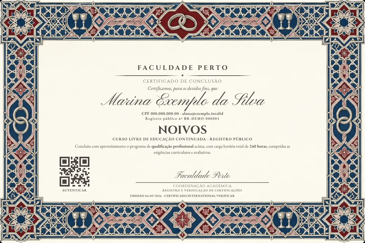 Modelo do certificado do curso de Noivos grátis: registro público, QR de verificação e assinaturas — exemplo com dados fictícios.