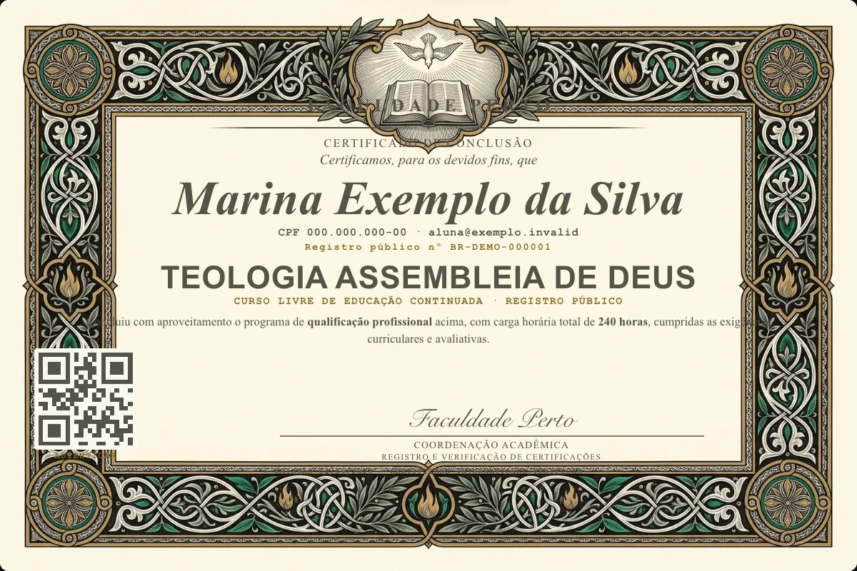 Modelo do certificado do curso de Teologia Assembleia de Deus grátis: registro público, QR de verificação e assinaturas — exemplo com dados fictícios.