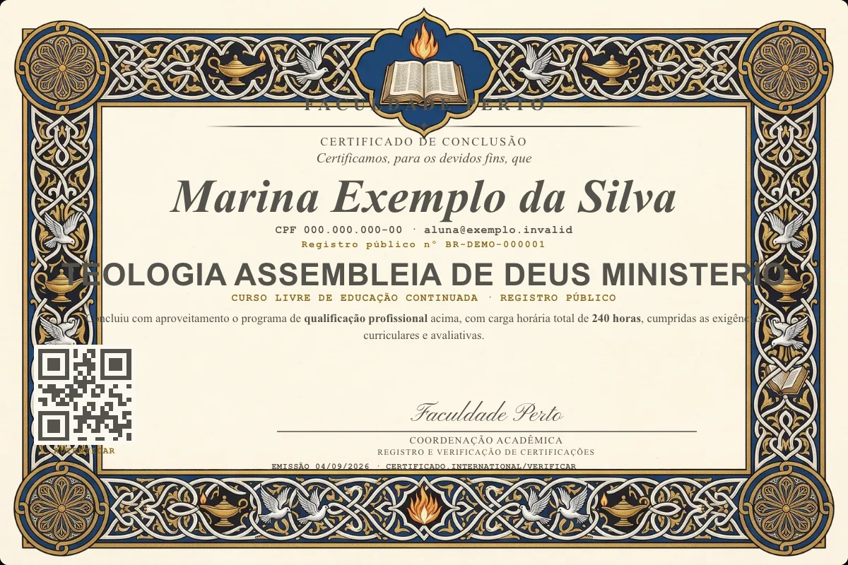 Modelo do certificado do curso de Teologia Assembleia de Deus Ministerio grátis: registro público, QR de verificação e assinaturas — exemplo com dados fictícios.
