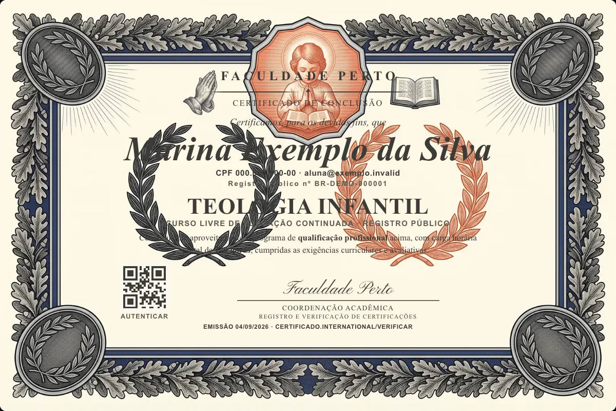 Modelo do certificado do curso de Teologia Infantil grátis: registro público, QR de verificação e assinaturas — exemplo com dados fictícios.