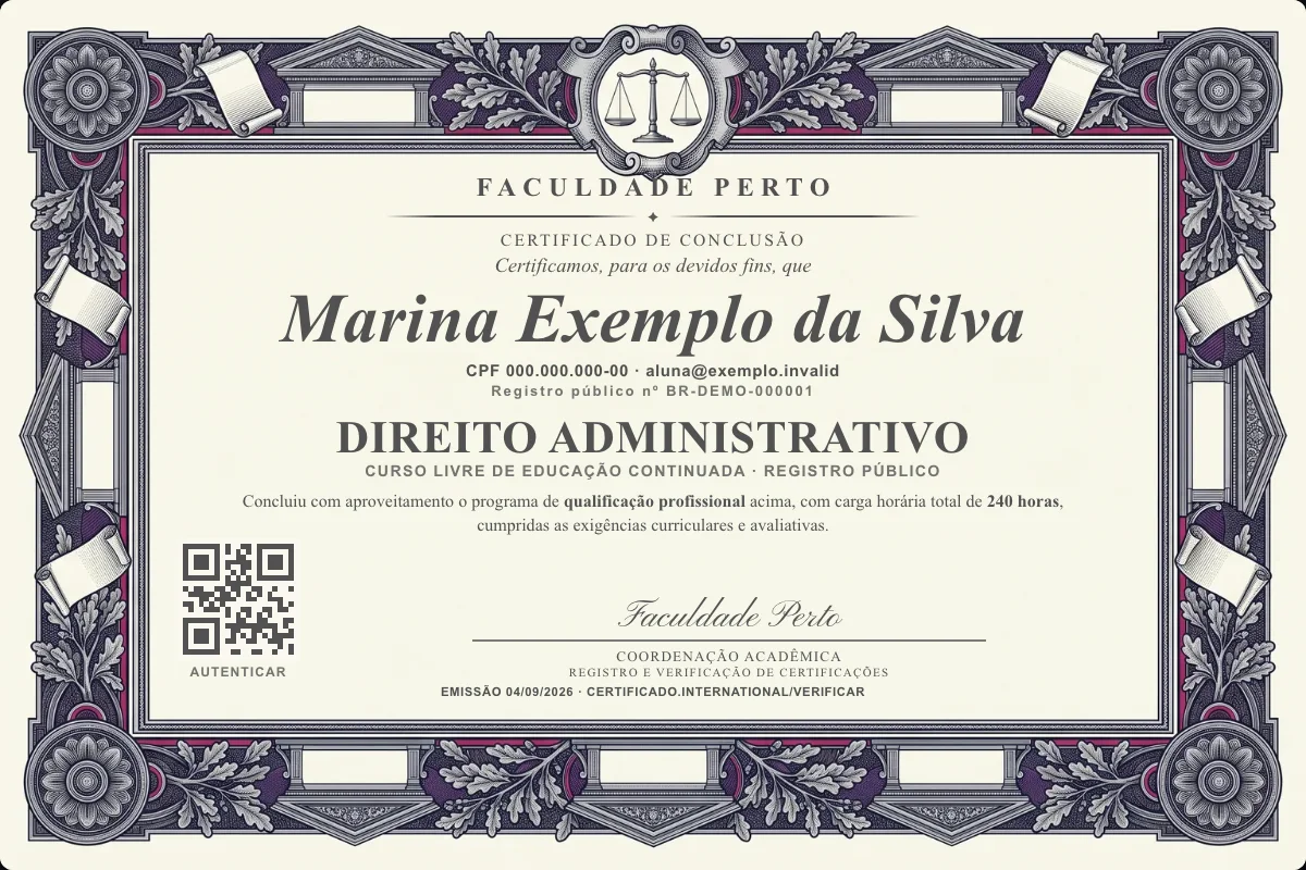 Certificado do curso de Direito Administrativo