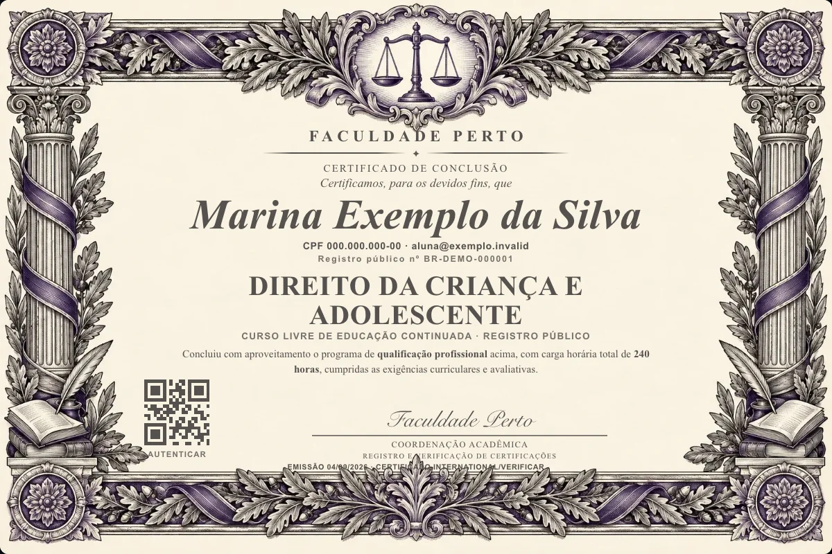 Modelo do certificado do curso de Direito da Criança e Adolescente grátis: registro público, QR de verificação e assinaturas — exemplo com dados fictícios.