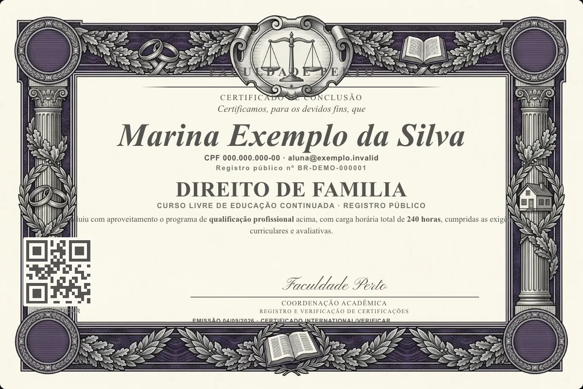 Modelo do certificado do curso de Direito de Familia grátis: registro público, QR de verificação e assinaturas — exemplo com dados fictícios.