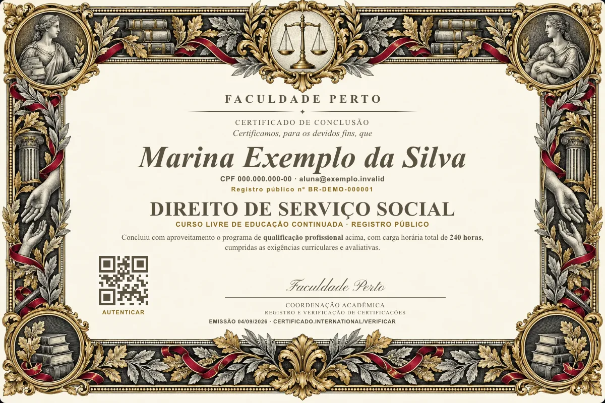 Modelo do certificado do curso de Direito de Serviço Social grátis: registro público, QR de verificação e assinaturas — exemplo com dados fictícios.
