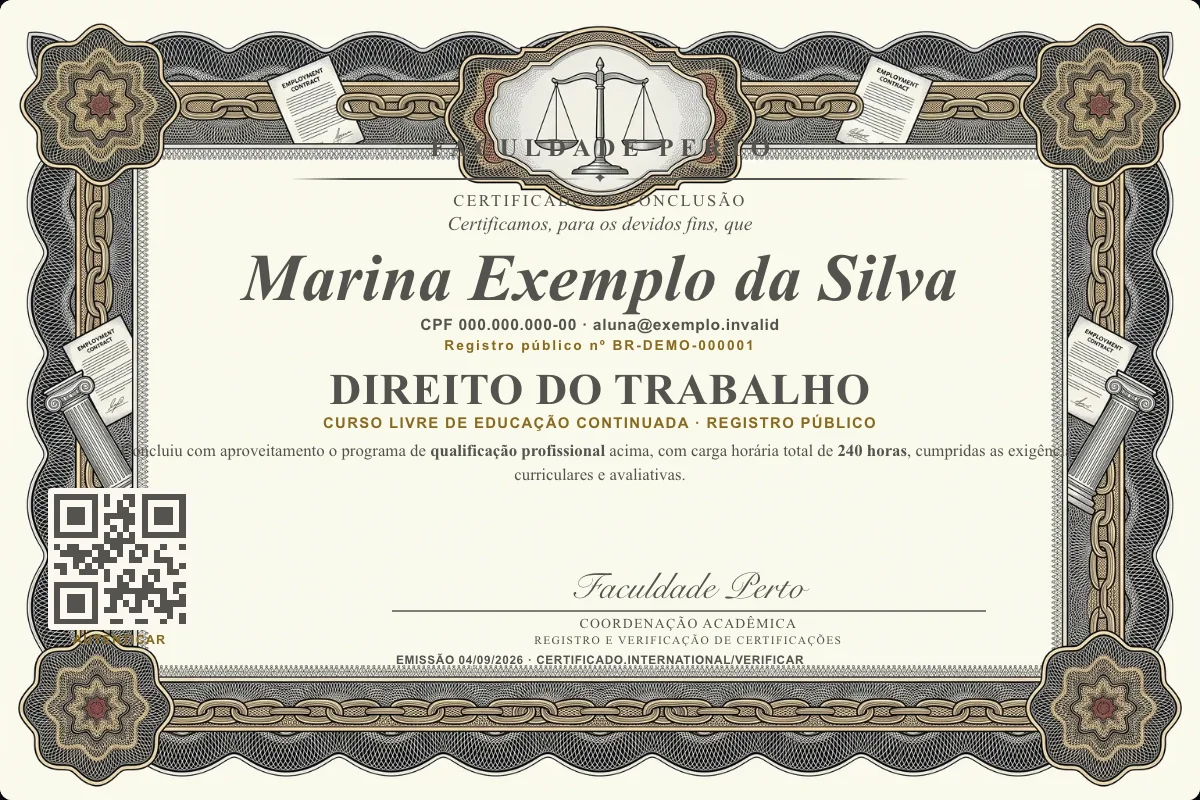 Modelo do certificado do curso de Direito do Trabalho grátis: registro público, QR de verificação e assinaturas — exemplo com dados fictícios.