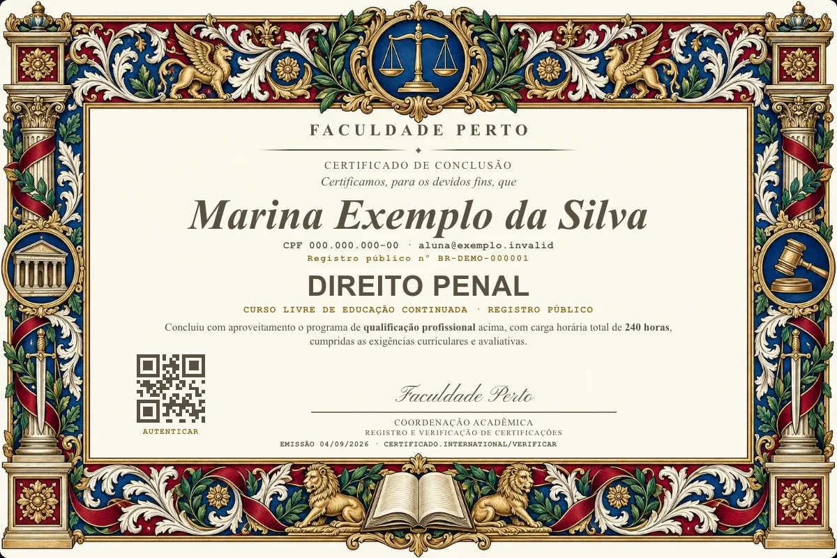 Modelo do certificado do curso de Direito Penal grátis: registro público, QR de verificação e assinaturas — exemplo com dados fictícios.