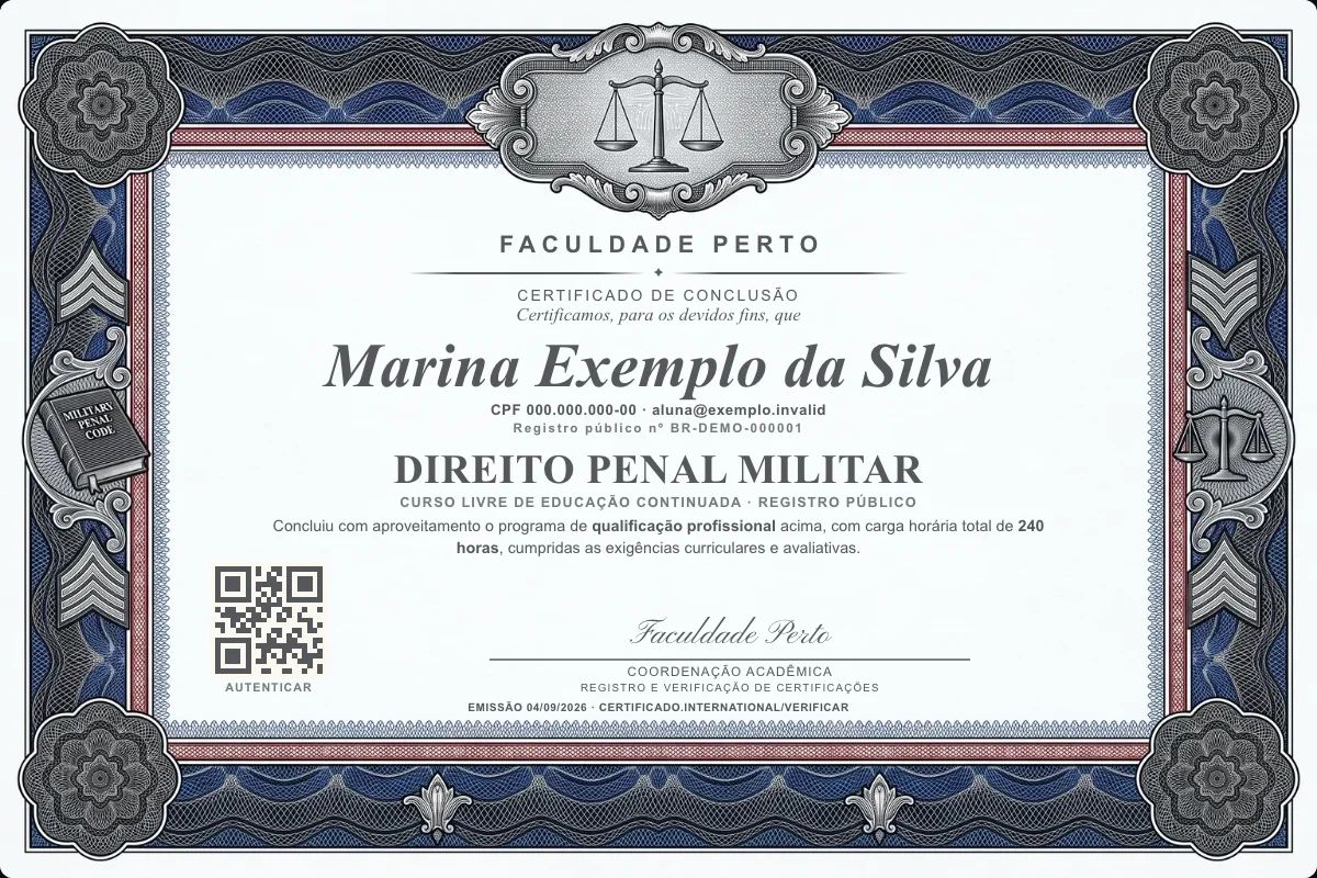 Modelo do certificado do curso de Direito Penal Militar grátis: registro público, QR de verificação e assinaturas — exemplo com dados fictícios.