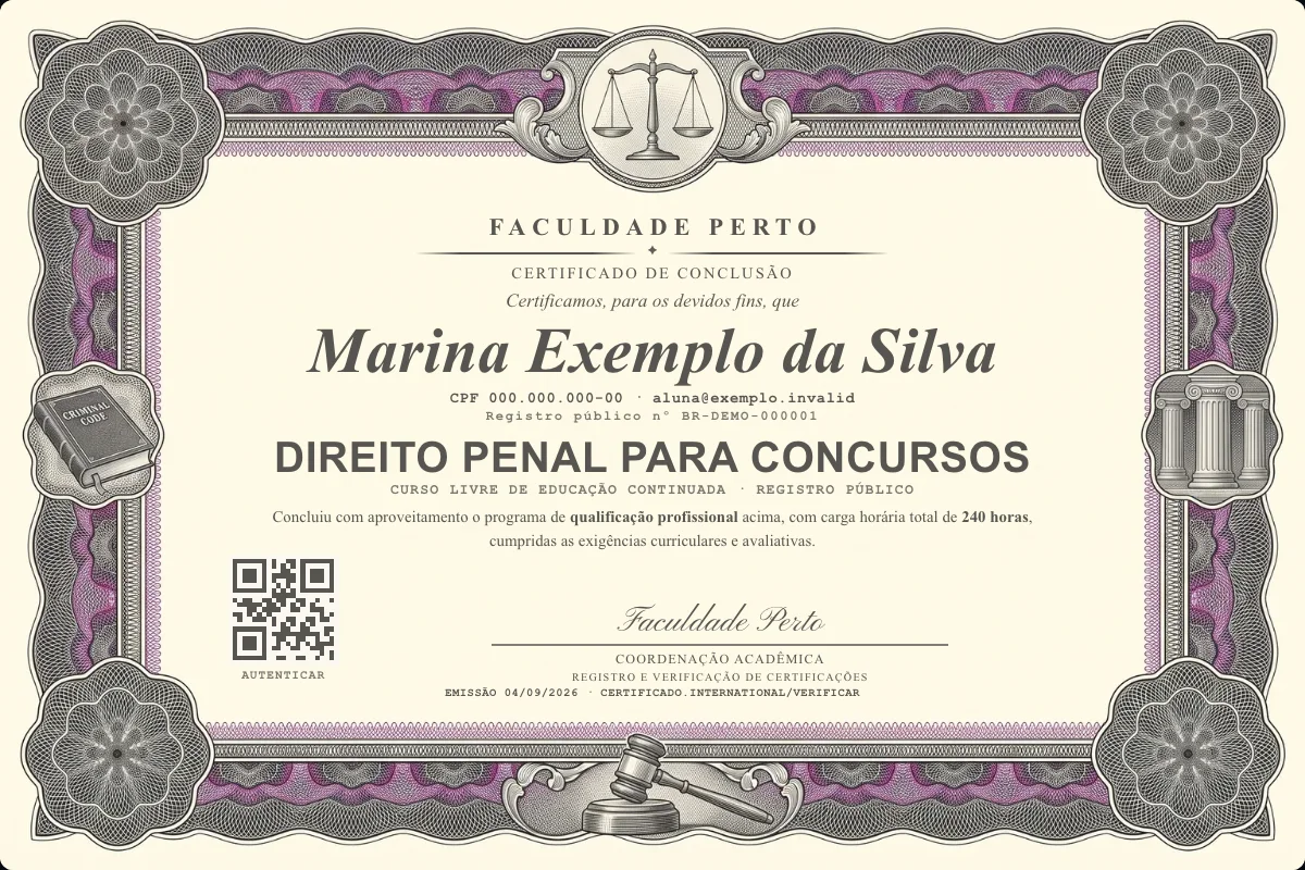 Modelo do certificado do curso de Direito Penal para Concursos grátis: registro público, QR de verificação e assinaturas — exemplo com dados fictícios.