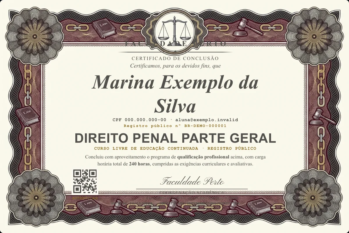 Modelo do certificado do curso de Direito Penal Parte Geral grátis: registro público, QR de verificação e assinaturas — exemplo com dados fictícios.